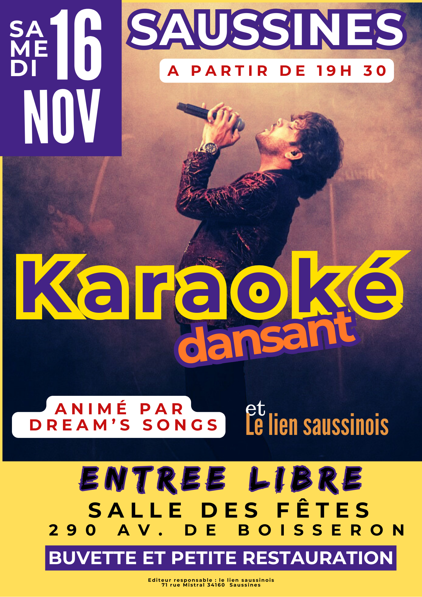 Affiche Karaoké dansant le 16 novembre 2024